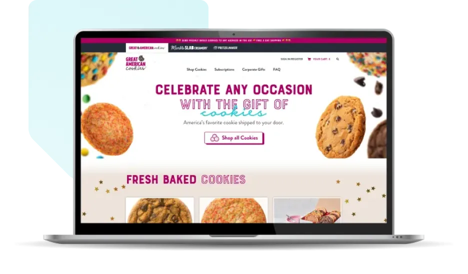 Screenshot of Great American Cookies homepage displayed in a laptop