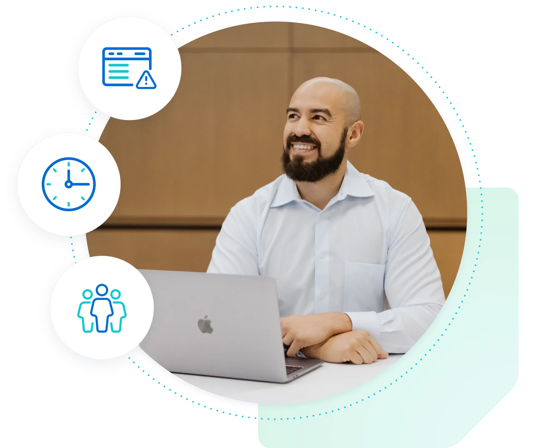 WP Engine customer with his hands folded at a table with a laptop, looking up and smiling with icons representing WP Engine's security features overlapping.