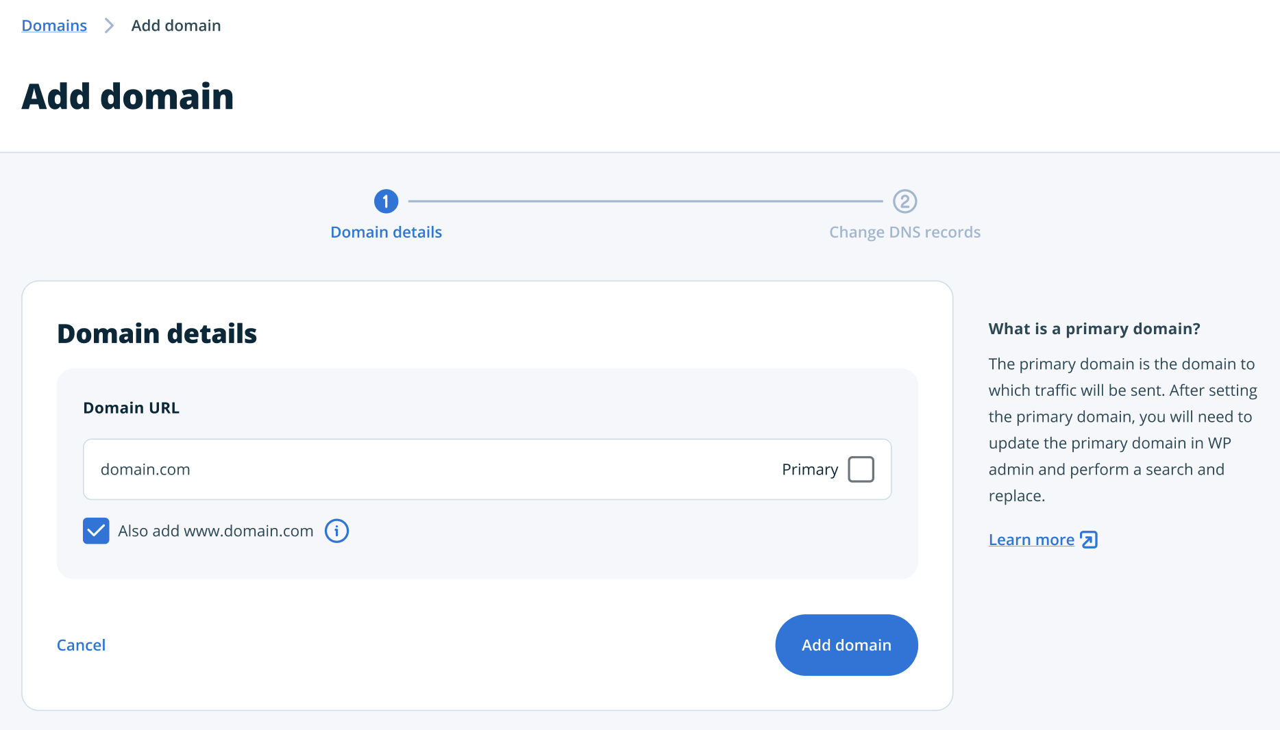 Screenshot of the Domains page in the WP Engine User Portal showing the screen to add a new domain