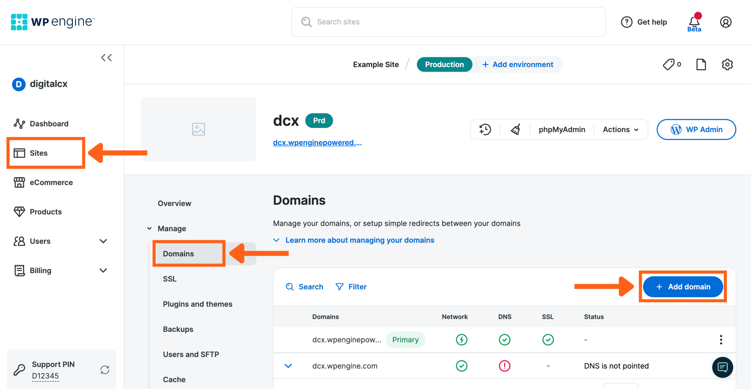 Screenshot of the Domains page in the WP Engine User Portal showing the button to add a domain name