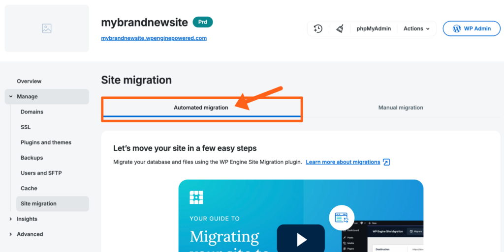 Screenshot of the Site Migration page in the WP Engine User Portal