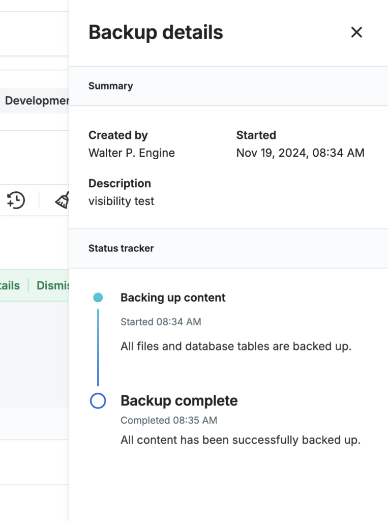 Screenshot of an environment's page in the WP Engine User Portal showing a Status Drawer with details about the most recent backup.