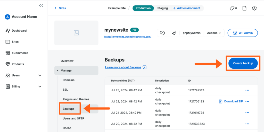 Screenshot of an environment's Backups page in the WP Engine User Portal showing the button to create a backup