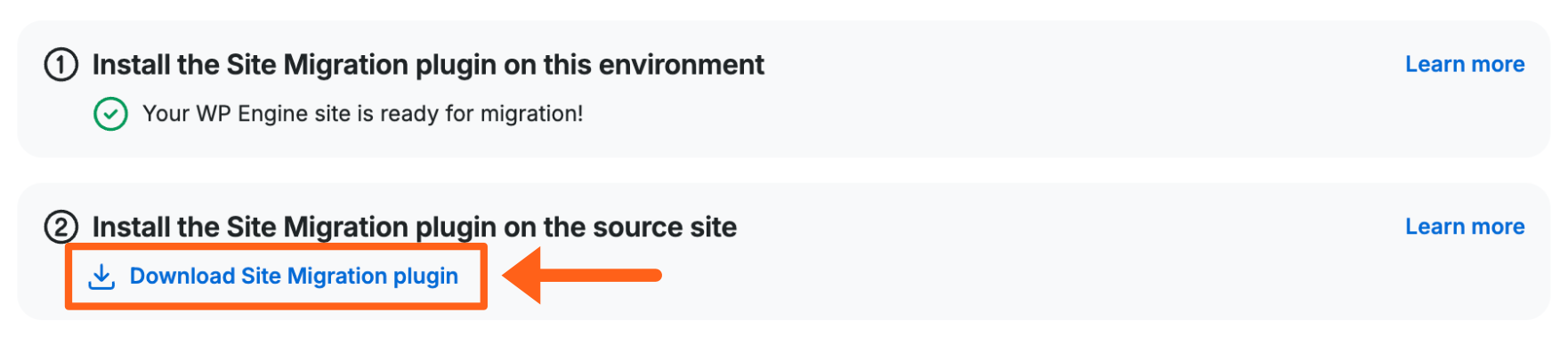 Screenshot of the Site Migration page in the WP Engine User Portal showing the link to download the migration plugin to your computer