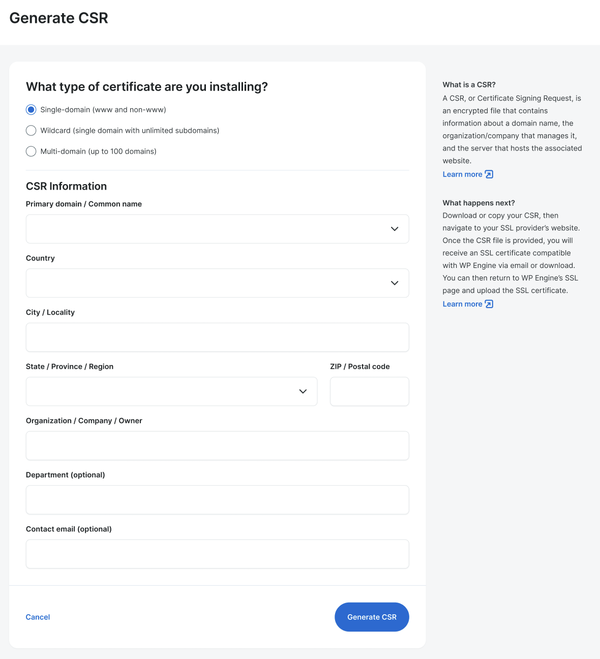 Screenshot of an environment's SSL page in the WP Engine User Portal showing the form to fill out business information when generating a CSR.