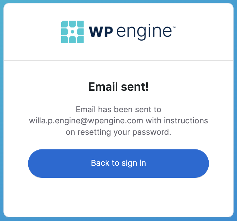 Screenshot of the Reset Password success message in the WP Engine User Portal