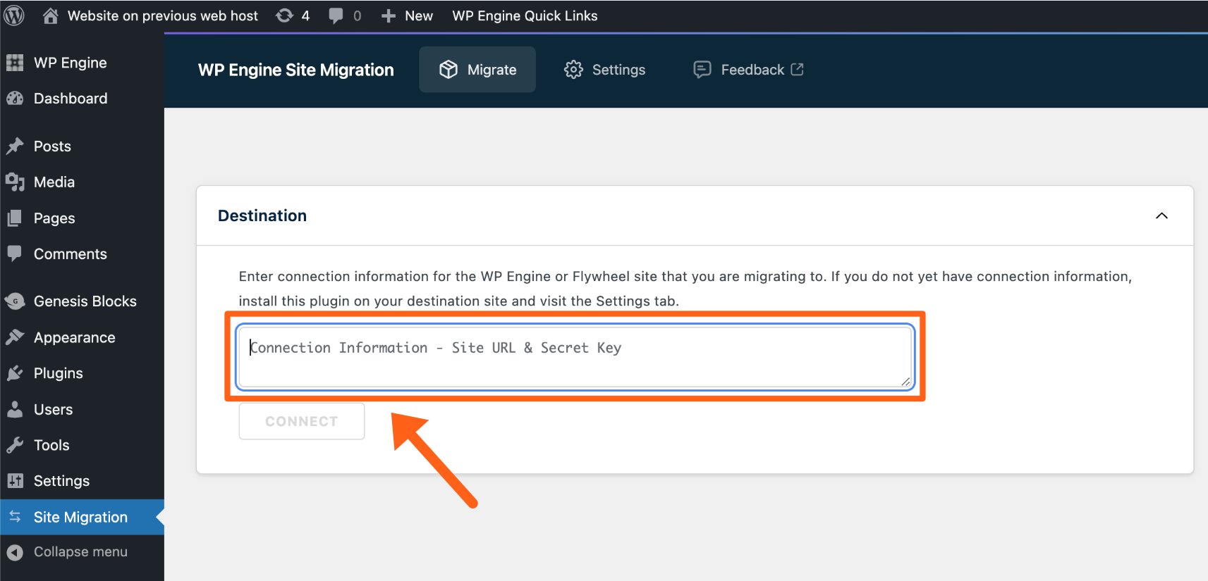 Screenshot of the Site Migration plugin page in the WordPress admin dashboard showing the box to paste in connection information