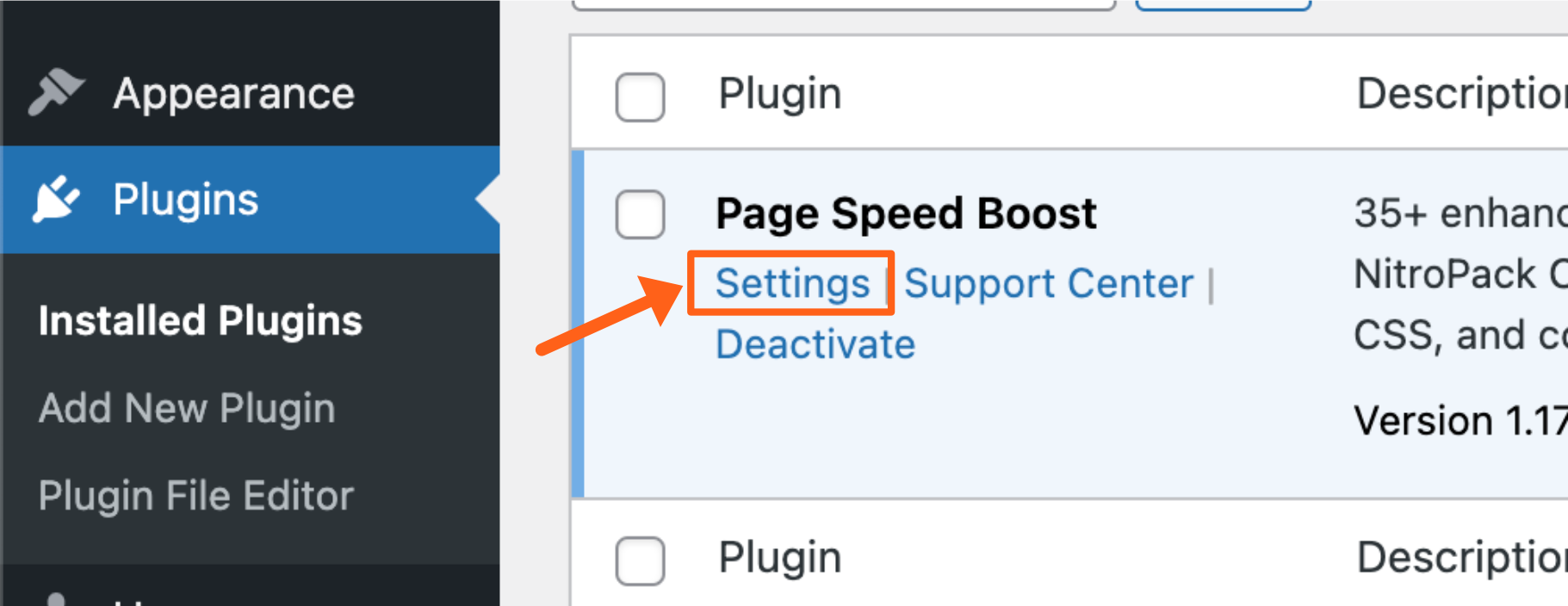 Screenshot of the Plugins page in the WordPress admin dashboard showing the settings link for Page Speed Boost.