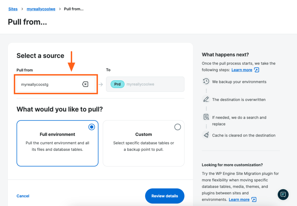 Pull from a source environment