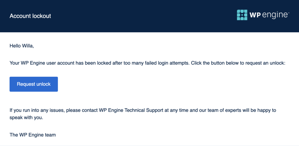 Screenshot of the Account Unlock Email sent after too many failed login attempts to the WP Engine User Portal 