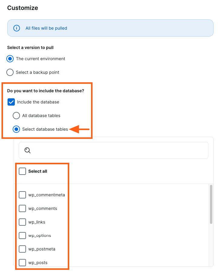 Include selected database tables in the copy