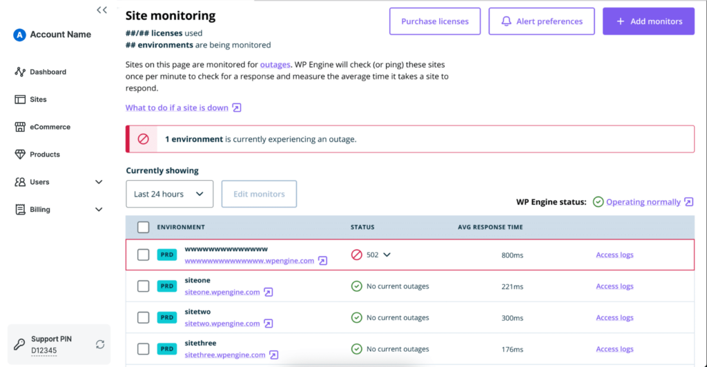 Screenshot of the Site Monitoring page in the WP Engine User Portal showing an alert for a site down 