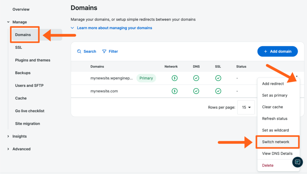 Screenshot of the Domains page in the WP Engine User Portal showing where to Switch Network for a domain