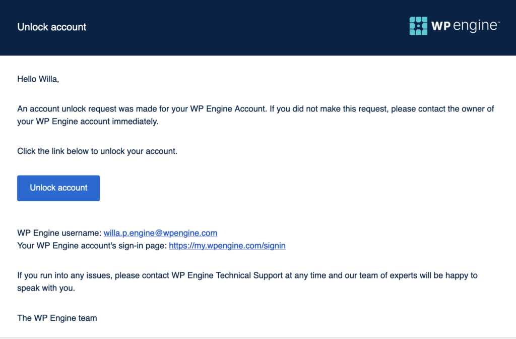 Screenshot of the Unlock Account Email sent after initiating an Unlock Account request for the WP Engine User Portal 