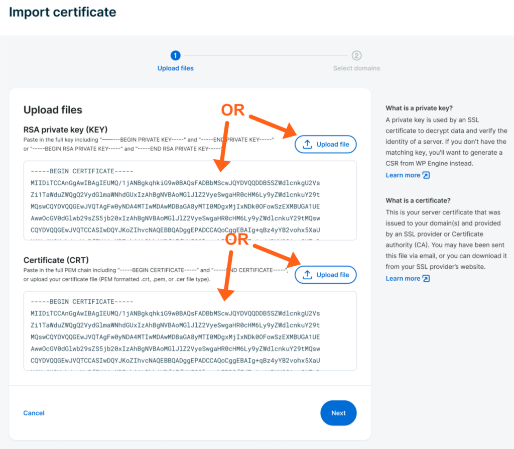 Screenshot of an environment's SSL page in the WP Engine User Portal showing the buttons to upload a 3rd-party SSL certificate.